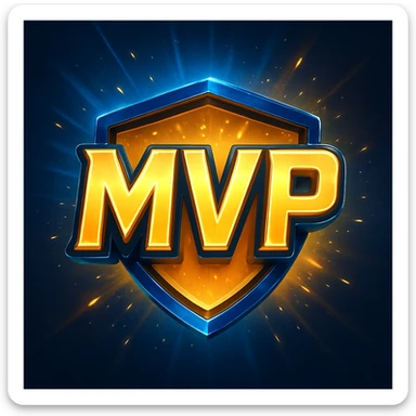 A gleaming, stylized badge with bold, slightly futuristic lettering 'MVP' set against a dynamic, gradient background of electric blue and gold. Small, energetic particle effects emanate from the text. sticker