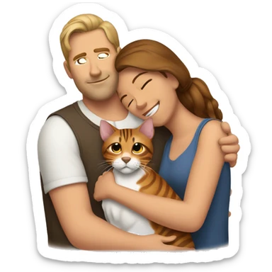 A man hugs a brown-haired woman and a bengal cat sticker