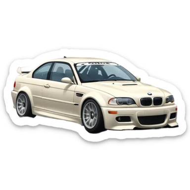 
A BMW M3 E46 is drifting through a corner, with a slight wisp of smoke coming from the rear and the wheels positioned at an angle relative to the turn. sticker