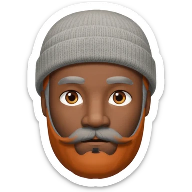 A dark-skinned man with a gray beanie, brown eyes, and a gray mustache and beard, wearing a calm expression. sticker