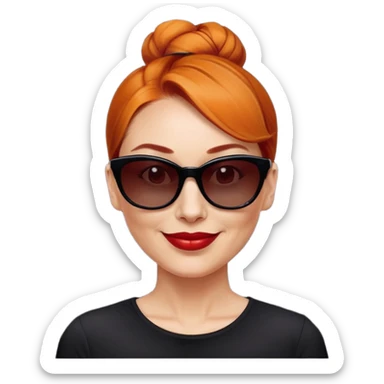 nữ 40 tuổi, da trắng,môi đỏ thẫm, tóc búi gọn gàng màu cam, đeo kính đen, mặt cười tươi, hơi có nếp nhăn, áo đen sticker