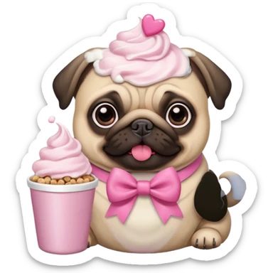 Pug com laço Rosa comendo ração  com chantilly Rosa sticker