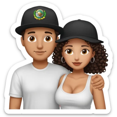 A picture of an embracing tanned couple. the man is a Mexican man with tanned skin, with a bald hair cut wearing a SnapBack hat and a black shirt. the woman has curly dark brown hair and with big boobs   sticker