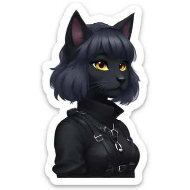 Gorgeous furry gothic dark techwear anime style anthro black cat furry sona with blushing face aesthetic and pretty edgy black with collar and harness trending style sticker