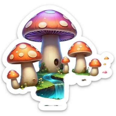  "A whimsical mushroom world filled with giant glowing mushrooms, soft bioluminescent spores floating through the air, and friendly oversized snails with colorful spiral shells exploring the landscape. Fantasy atmosphere, vibrant colors, dreamy lighting, highly detailed sticker