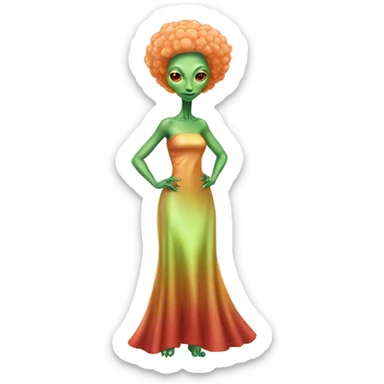 reptilian green alien woman, in long slim pastel orange formal party satin dress with gradient shiny sparkling dark red, full figure, full body sticker