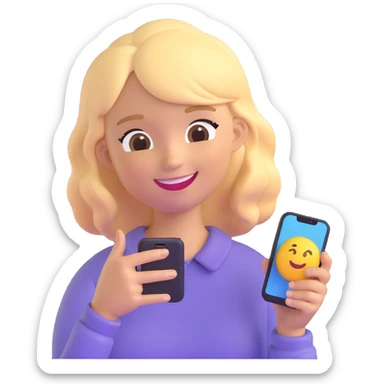 girl holding a smartphone, smiling, emoji style, with blonde hair sticker