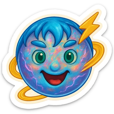 Refine this emoji to clearly look like a planet: keep the opal-like iridescent texture, wild electric energy, and playful, eccentric face, but emphasize a round planetary shape with visible rings and planetary features. Keep the background transparent. sticker