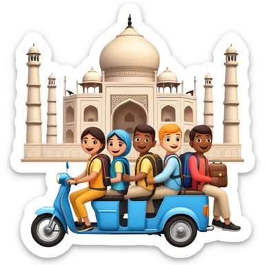 Emoji-style family traveling in India, visiting landmarks like the Taj Mahal and India Gate. Include backpacks, luggage, an auto-rickshaw, train, or bus. Cheerful and adventurous vibe with bright colors. sticker