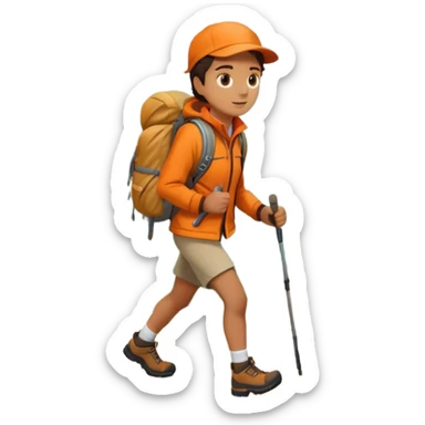 Person hiking through mountains, wearing orange jacket, carrying backpack, scenic landscape sticker