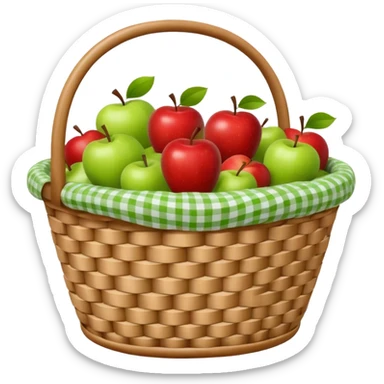 woven basket with apples and white checkered cloth on a white wooden chair, green sticker