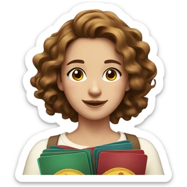 a young woman with wavy brown hair. She has a friendly expression and is holding several ornate cards sticker