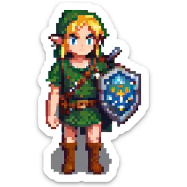 Link from The Legend of Zelda, pixel art style, side view, ready for adventure sticker