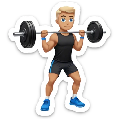 tanned man colored eyes black shorts black t shirt blue shoes barbell squats sticker