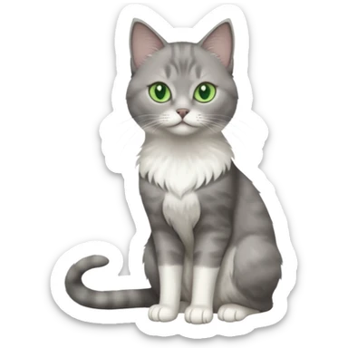 full body view of beautiful female grey cat with green eyes, white toes and white chest sticker