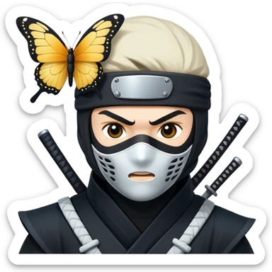 Crea una imagen con estos dos emoji 🥷🏻🦋
él ninja de piel blanca con la mariposa posada en cabeza como si estuviera volando. sticker