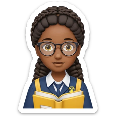 Girl student wearing uniform, glasses, hold yellow book in front of their chest, black braided hair, dark skin sticker