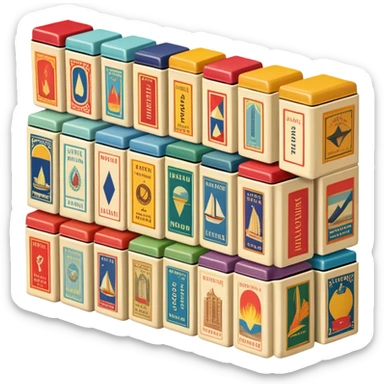 Icon for Matchbox Collecting: a collection of vintage and colorful matchboxes from different places, neatly displayed in a row or in a display case. The icon should reflect the uniqueness and diversity of matchbox collecting. Transparent background. sticker