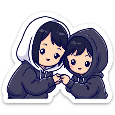 Two adorable Japanese girls with black hair wearing casual Western clothing like hoodies or blouses, their cheeks touching, kawaii style sticker