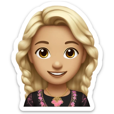 Slavic girl, light skin, brown eyes, black-to-blonde ombre straight tail, smiling with teeth, wearing beautiful dark blouse with a folk pattern of small pink flowers and gold necklace. sticker