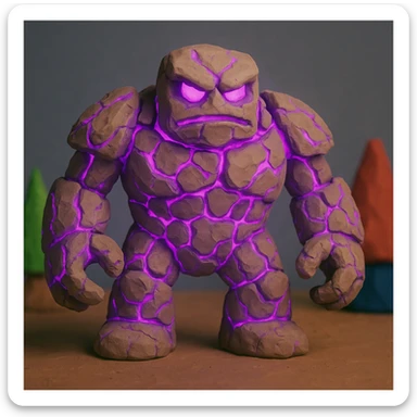 Make this golem inspired by the Clash Royale golem, but not an exact copy. Give it a rocky, hulking body, glowing purple cracks, and a fantasy vibe. Keep the claymation style. sticker