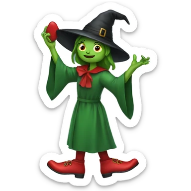 A green witch holding red slippers sticker