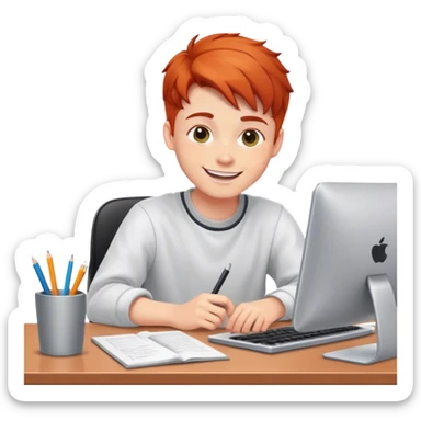 Redhead college programmer boy sitting at a desk and smiling sticker