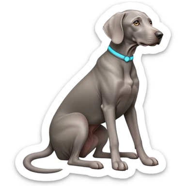 cinematic-[weimaraner-realistic-full-body-sitting-emoji,-tail-resting-loosely-beside-its-paws,-head-tilted-dramatically, -sleek-[grey]-fur,-simplified-yet-realistic-focused-features,-highly-detailed,-glowing-with-an-almost-sarcastic-glow sticker