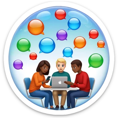 Multiple people inside colorful transparent bubbles, each using a smartphone or laptop. The bubbles are blue, red, orange, and green, with a minimalist cityscape in the background. Realistic emoji style. sticker