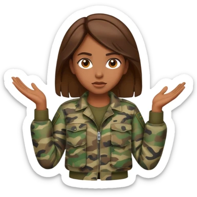 brown-skinned girl in camouflage, brown hair, shrugging sticker