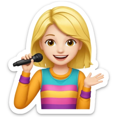 A cheerful teen singer with colorful outfit, performing with big smile.
 sticker