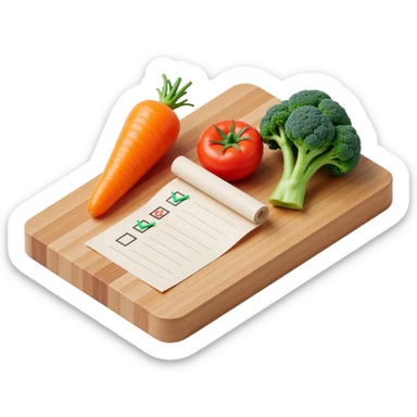carrot tomato brocoli on the wooden cutting board with floating rolled paper list with checkbox sticker