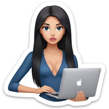 Glamours, tanned, very beautiful girl, with big pump peach-beige-rose lips, long lashes, black straight smooth silky long hair, straight parting hair, blue-grey eyes, in v-neck bodysuit holding MacBook sticker