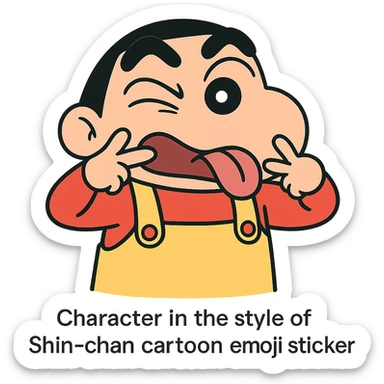 Shinchan cartoon style emoji sticker, making a funny face, iconic black hair, red shorts, yellow overalls, simple solid or gradient background, 500x500px, transparent PNG, optional brief text description sticker