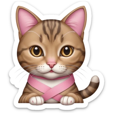 a young female brown and gray tabby cat,with a pink bandage on her front paw, ultrarealistic sticker