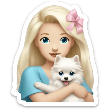 Blond girl white skin blue eyes hugging white Pomeranian with light pink bow sticker