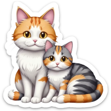 full body colourful light patched calico + white tabby cat cuddling a bigger cat that is dark grey and white tabby cat  and they are in love sticker