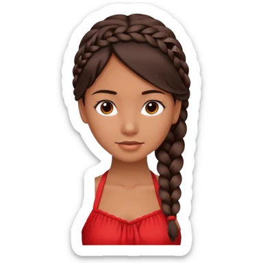 A tanned girl's face Over-the-shoulder braid dark brown hair with red halter top sticker