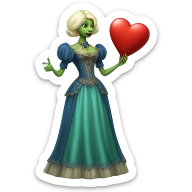 "galora green blonde alien woman" in blue Victorian dress elegant, full body, holdig red big hearth sticker