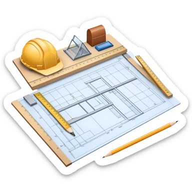 Sleek icon for Architecture: engineer's drawing board with building blueprints, 3D model of the building out of board, pencil, ruler, protractor. Transparent background. sticker