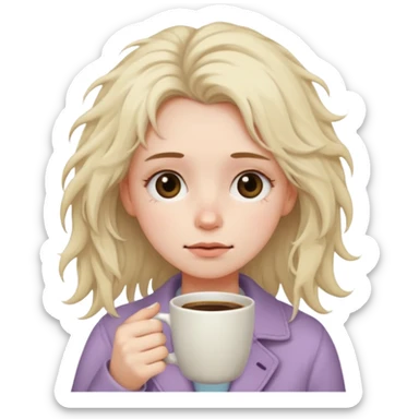 tired woman with dark circles under eyes holding a coffee cup, messy hair, soft pastel emoji style, calm neutral background sticker