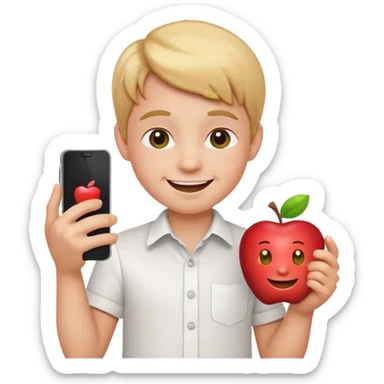 happy little kid with a phone, white shirt, apple style emoji sticker