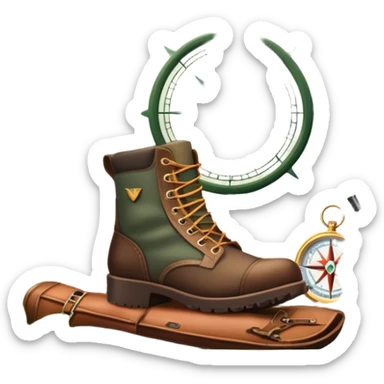 Icon for Hunting Tourism: a rifle, hunting boots, and a compass on a forest background, with a silhouette of wildlife in the distance. The icon should capture the adventure and connection with nature in hunting tourism. Transparent background. sticker