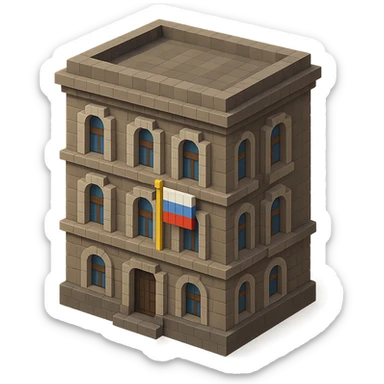 old Saint Petersburg building in voxel style, gray-brown tones, Russian flag hanging vertically in a window, isometric view sticker