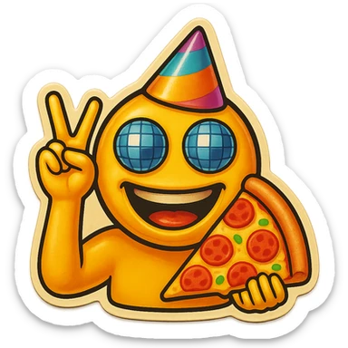 Make the left hand clearly form a finger gun gesture, while keeping the rest of the emoji the same: laughing face with disco ball eyes, tilted party hat, and holding pizza in the other hand, with no background. sticker
