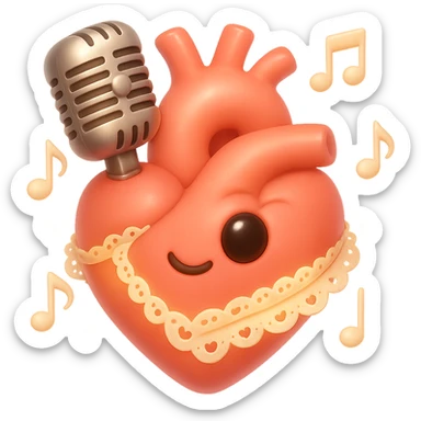 Make the anatomical heart with a classic microphone embedded, music notes floating around, even more romantic in emoji style. Add lace details, soft lighting, and a gentle glow. No background. sticker