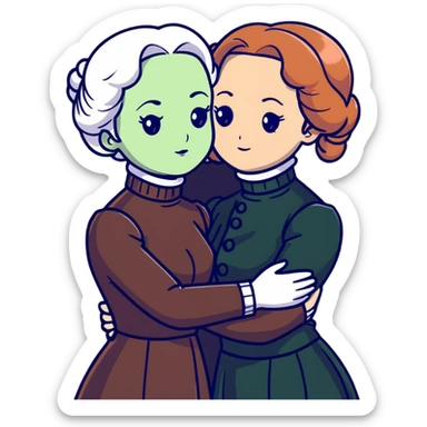 Two Victorian women with light green eyes embracing sadly. One has bright white coiffed hair, the other has dark copper coiffed hair. Both wearing Victorian turtleneck dresses, hugging tightly sticker