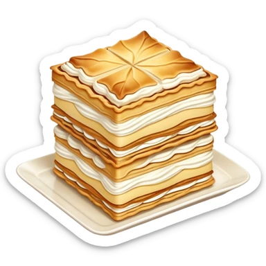 mille-feuille-cinematic-realistic-mille-feuille-dessert-emoji,-depicted-as-a-rectangular delicate-pastry-composed-of-two-crisp-layers-of-puff-pastry-with-a-rich-cream-filling,-rendered-with-intricate-textures-and-elegant,-soft-lighting. Please only show two layers only. sticker
