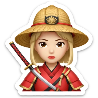 Samurai with straw hat, Warrior in red samurai armor, female, with katana sticker