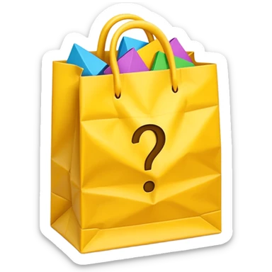 White bag with yellow questions mark cube boxes stuffed in it sticker